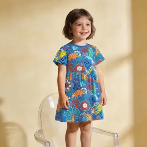 Abito Estivo in Cotone per Ragazze Cartone Animato Dinosauro Animale Uccello Stampa Manica Corta Girocollo Bambini Abito a trapezio