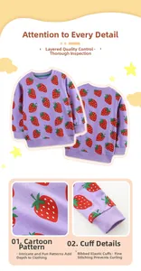 Detail of purple toddler sweatshirt featuring red strawberry prints and ribbed cuffs