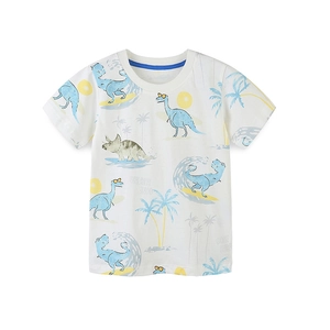 T-shirt en coton blanc pour garçon avec imprimé dinosaure et col rond bleu