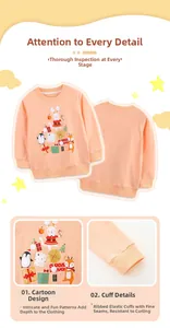 Detail of pink Christmas girl sweatshirt with cartoon animal prints and ribbed cuffs