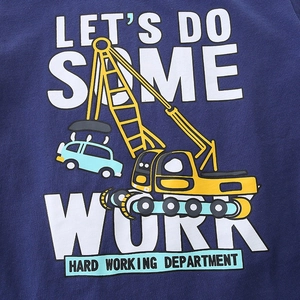 T-shirt bleu marine pour garçons avec imprimé excavatrice cartoon et texte let's work