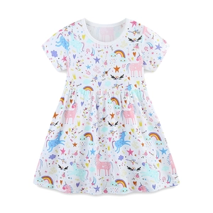 Short sleeve white dress for girls featuring colorful unicorn rainbow and floral prints