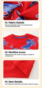 Détail du sweat-shirt en coton rouge avec imprimé baleine, col rond côtelé et texture du tissu