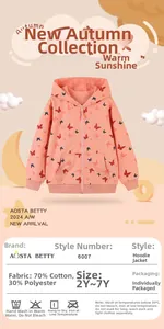Detail of coral pink kids zip hoodie showing cotton fabric and colorful butterfly prints