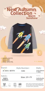 Detailed view of kids cotton long sleeve shirt with glow rocket print and striped sleeves