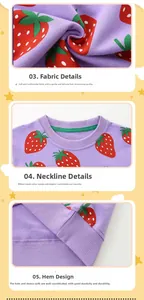 Detail of soft purple children sweatshirt featuring red strawberry print and ribbed cuffs