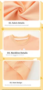 Detailed views of cotton sweatshirt fabric, ribbed neckline and elastic hem craftsmanship