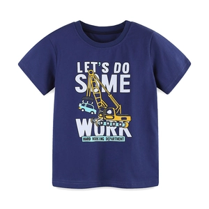 T-shirt bleu foncé pour garçons en coton avec imprimé de pelleteuse jaune et chantier