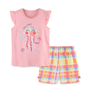 Completo estivo da bambina con top senza maniche rosa medusa e pantaloncini a quadri