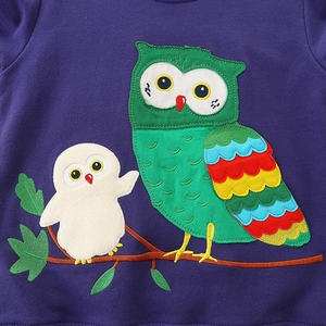 Felpa in cotone viola per bambino con ricamo a gufo colorato e girocollo classico