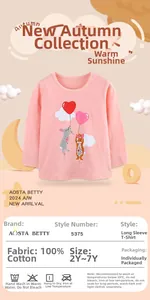 Detail of pink cotton long sleeve T-shirt with cute bunny and heart balloon print