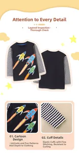 Detail view of rocket prints and striped cuffs on navy cotton long sleeve kids t-shirt