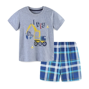 Kids cotton summer set with grey excavator print T-shirt and plaid shorts outfit