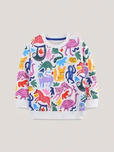Toddler Girl Cotton Animal Print Sweatshirt Casual Long Sleeve Pullover White Round Neck Sports Top For Kids Autumn Wear