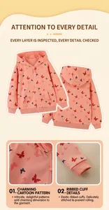 Detail view of pink girls' hoodie featuring butterfly prints and ribbed knit cuffs