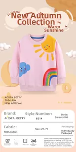 Detail view of cotton girls' sweatshirt featuring rainbow print and size specifications