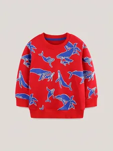Sweat-shirt en Coton Imprimé Baleine pour Garçon Automne Décontracté Manches Longues Col Rond Pull pour Enfants Rouge