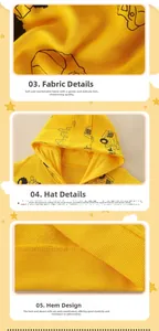 Close-up of yellow hoodie fabric showing cartoon excavator print and ribbed hem detail