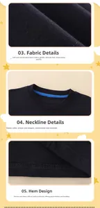 Detailed views of cotton fabric texture, elastic neckline, and durable hem for black kids shirt