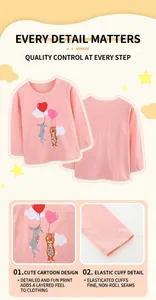 Detail showing pink cotton girl's tee with bunny print and elastic cuffs zoom
