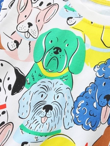 Boys long sleeve sweatshirt with colorful all-over cartoon dog print and ribbed crewneck