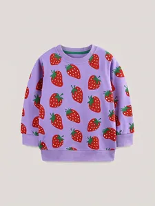 Toddler Girls Long Sleeve Cotton Sweatshirt Cartoon Strawberry Print Round Neck Pullover Top Autumn Casual Clothes