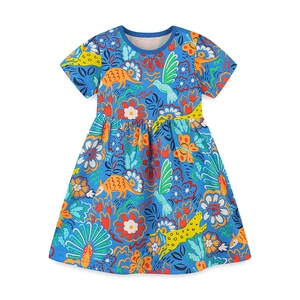 Abito blu a maniche corte per bambina con vivaci stampe di dinosauri e fiori
