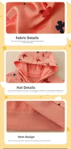 Detail of soft knit fabric, hooded neckline and ribbed hem of a girls butterfly jacket