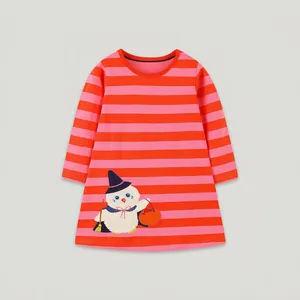 Vestito a Righe a Maniche Lunghe di Halloween per Bambine Con Ricamo Patchwork Gufo Girocollo in Maglia di Cotone