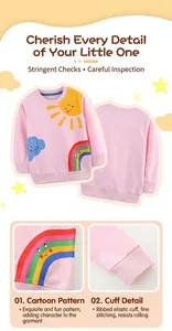 Detail view of pink girls sweatshirt showing rainbow print and ribbed elastic cuffs