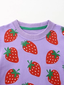 Girls' lavender cotton sweatshirt with cartoon strawberry print and ribbed crew neck