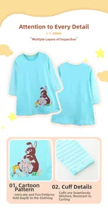 Détails de la robe bleue pour fille avec broderie lapin et manches rayées bleues