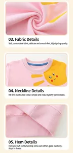 Detail of pink cotton girl's sweatshirt featuring ribbed neckline and cartoon sun print