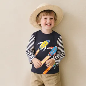 Boys Long Sleeve T-Shirt Cartoon Rocket Glow In The Dark Printed Cotton Tops Stripe Patchwork Casual Kids Autumn Clothing