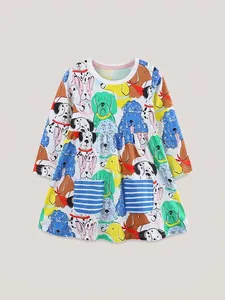 Abito da Bambina in Cotone a Maniche Lunghe Casual Con Stampa a Cartoni Animati Collo Rotondo Gonna a Trapezio Con Tasche