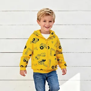 Boys Toddler Hooded Zip Up Jacket Cotton Blend Cartoon Construction Vehicle Printed Yellow Autumn Kids Outerwear Sweatshirt