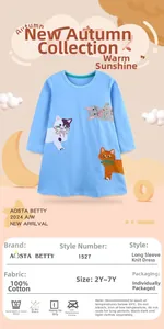 Detail view of 100% cotton knit dress fabric with colorful cute cartoon cat embroidery