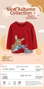 Detail of red long-sleeved girls' t-shirt featuring cartoon deer print and 100% cotton label