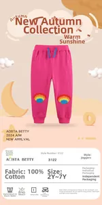 Detail of rose red cotton sweatpants with rainbow shell embroidery and drawstring waist