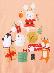Girls' Christmas sweatshirt with festive animal prints and glitter detail on knit cotton
