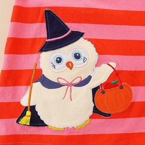 Abito a righe per bambine con gufo di Halloween ricamato su tessuto rosa e arancio