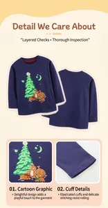 Detail of Christmas tree print and elastic red trim collar on navy kids sweatshirt