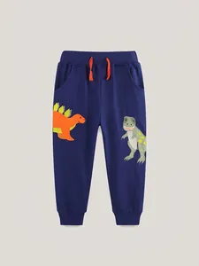 Boys 100% Cotton Dinosaur Embroidered Joggers Casual Navy Blue Sweatpants With Orange Drawstring For Kids 3-8 Years