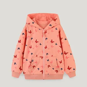 Girls Butterfly Print Hooded Zipper Hoodie Jacket Autumn Casual Cotton Blend Long Sleeve Coat For Kids Outerwear