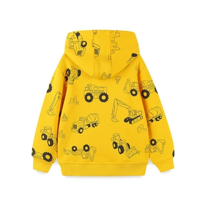Yellow hooded jacket for boys with black cartoon construction vehicle prints