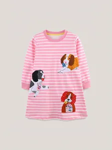 Abito a Maniche Lunghe a Strisce da Ragazza in Cotone Con Ricamo Patchwork di Cani Cartone Animato per Festa Quotidiana