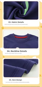 Detailed views of the high-elastic neckline and soft knitted fabric of boys' navy shirt