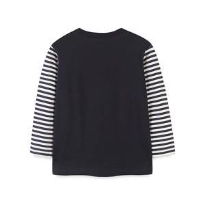 Navy blue kids long sleeve T-shirt with striped sleeves and luminous rocket design