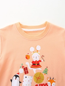 Pink Christmas girls' sweatshirt with festive cartoon cat, penguin and reindeer prints
