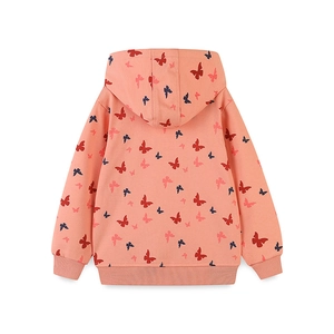 Pink hooded jacket for girls with colorful butterfly prints and ribbed cuffs